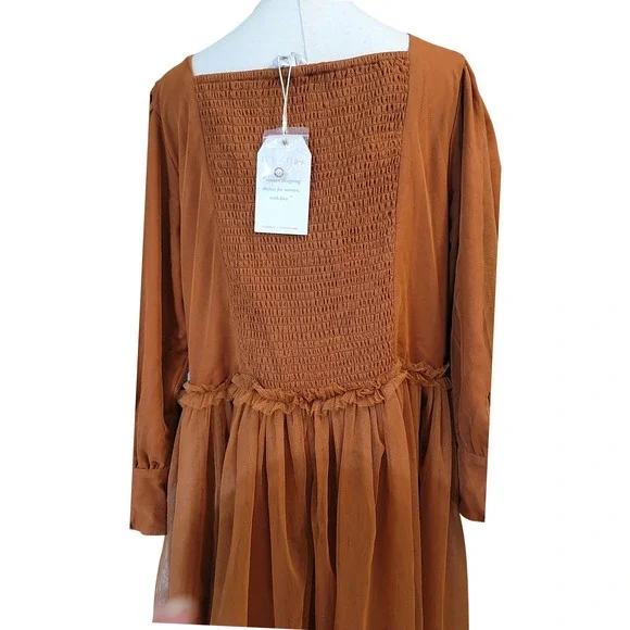 Ivy City Rust Orange Tulle Square Neck Puff Sleeve Midi Dress Plus‎ Size 2X